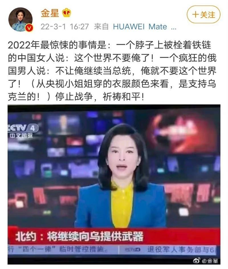 指央视主播黄+蓝挺乌 金星微博遭禁言