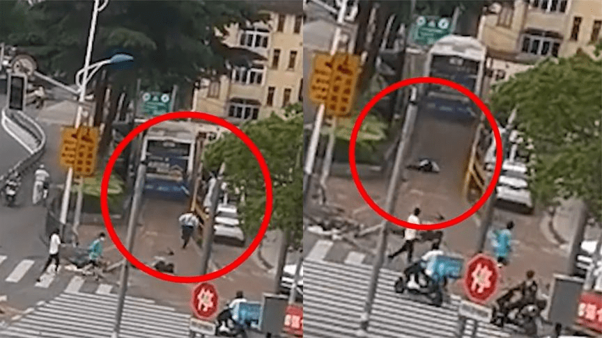 公交车坠河 出事司机同事追车摔倒又爬起 想跑去拉手刹