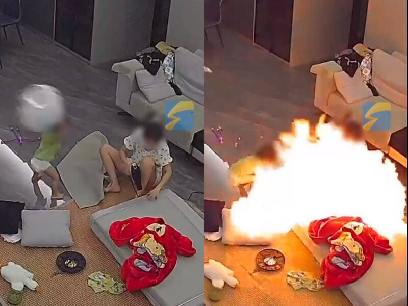 尿布小童玩气球碰吹风机秒爆炸!妈妈被火球吞没