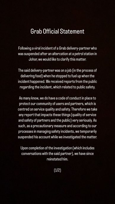 送餐员揭偷油起冲突被暂停帐号 大马Grab发文息民怒
