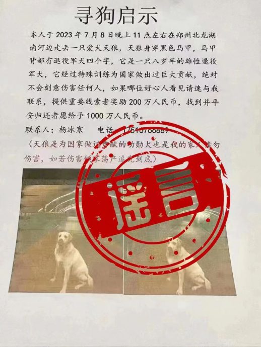 “千万寻狗”乃杜撰 警方:发布者已行拘