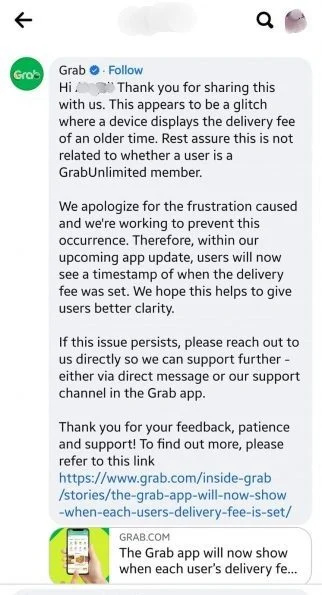 Grab Unlimited送餐费更贵?Grab解答及致歉了