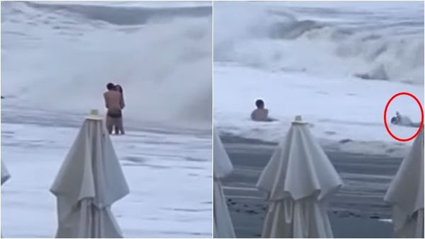 情侣海边浪漫拥吻 大浪卷走女子溺毙