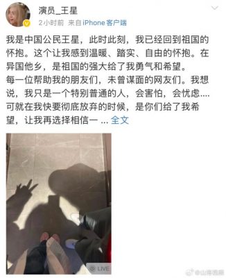 王星已回中国 发文致谢