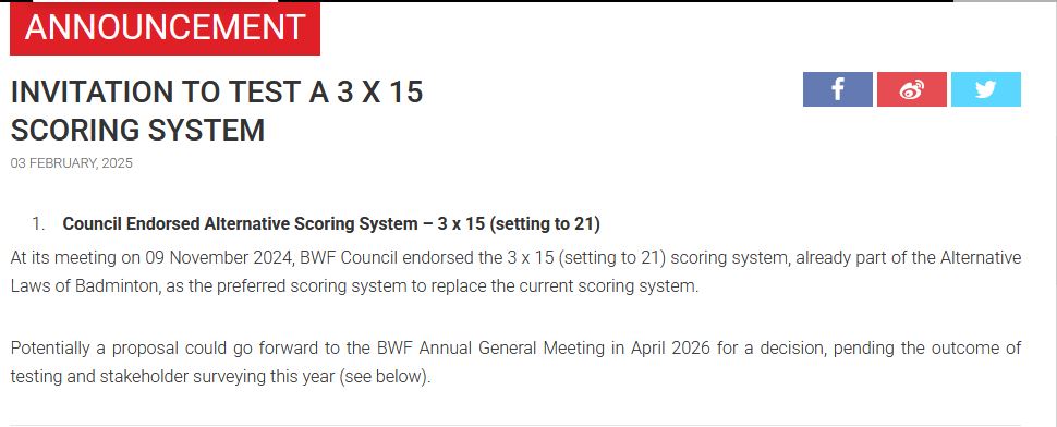 世界羽联4月起测试新计分制 未来比赛或实行3局15分制