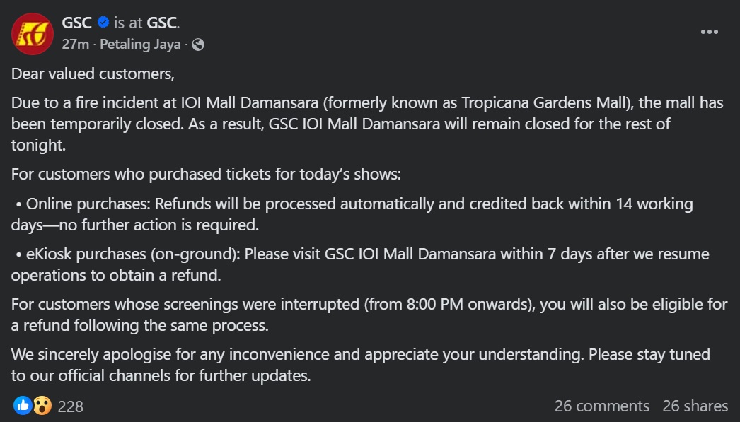仅供网//白沙罗IOI购物商场小火警·GSC再发退票通告 网民调侃“你还好吗?”