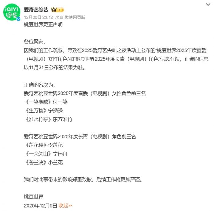 刘诗诗得奖却被白鹿领走 爱奇艺出包急道歉