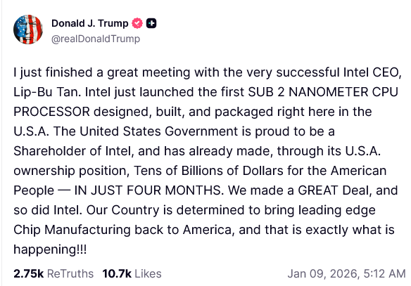 特朗普会面英特尔陈立武:我们达成一项伟大的交易