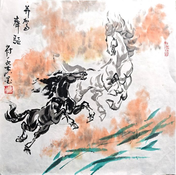 (24/2见报) 星角摄/ns符永杰夫妻马年作画,展现奔马雄风与正能量