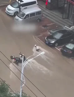 视频|单亲妈暴雨送餐被冲走 两司机开车筑“人墙”救命