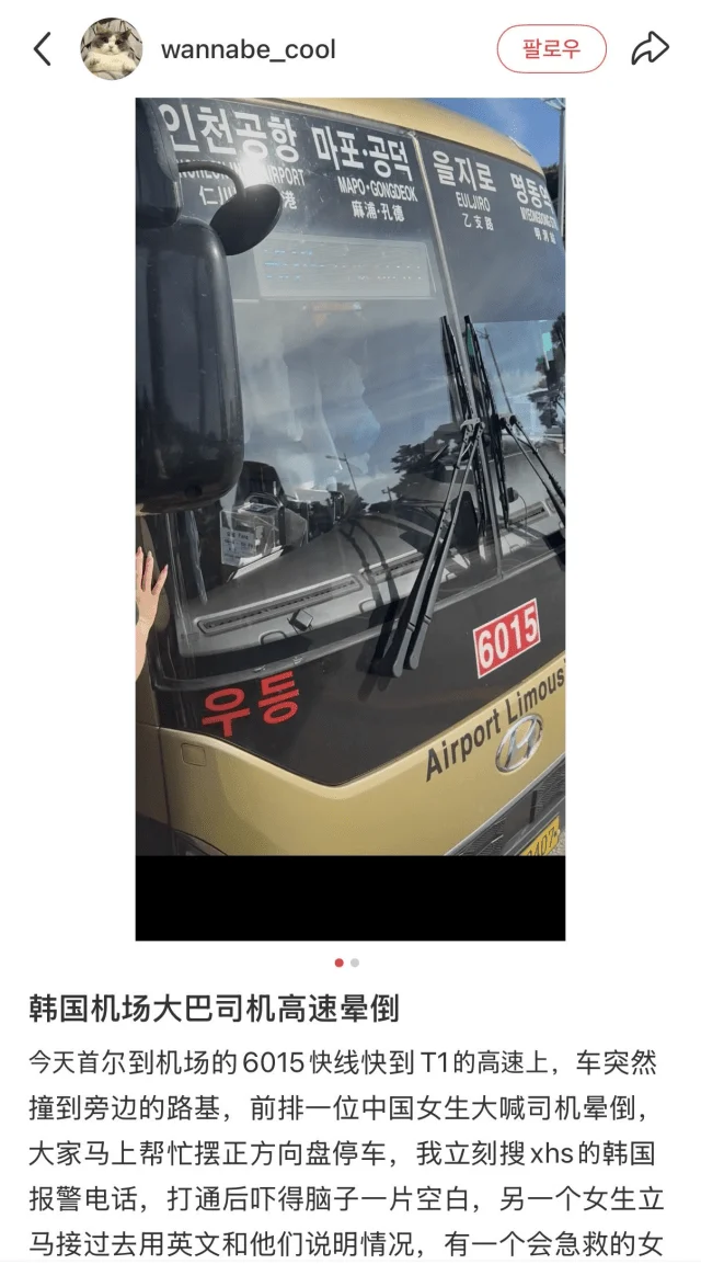 首尔机场大巴司机高速公路昏迷 中国游客合力化险为夷